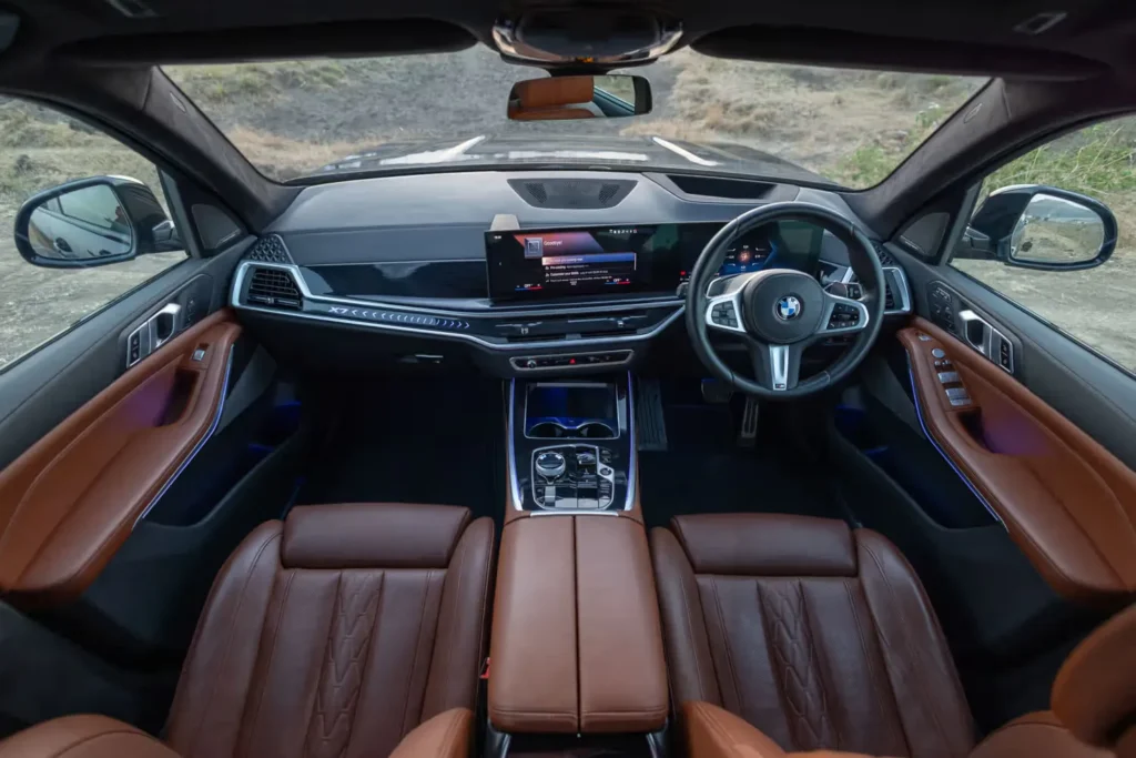 BMW X7 interior design with brown leather seats, advanced dashboard, and modern features